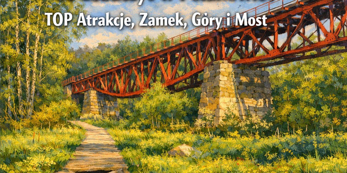 Co zobaczyć w Polanowie? TOP Atrakcje, Zamek, Góry i Most” przedstawiający impresjonistyczną ilustrację czerwonego mostu koło Polanowa nad zieloną łąką, z leśnym tłem i ścieżką prowadzącą w stronę mostu.