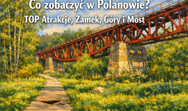 Co zobaczyć w Polanowie? TOP Atrakcje, Zamek, Góry i Most” przedstawiający impresjonistyczną ilustrację czerwonego mostu koło Polanowa nad zieloną łąką, z leśnym tłem i ścieżką prowadzącą w stronę mostu.